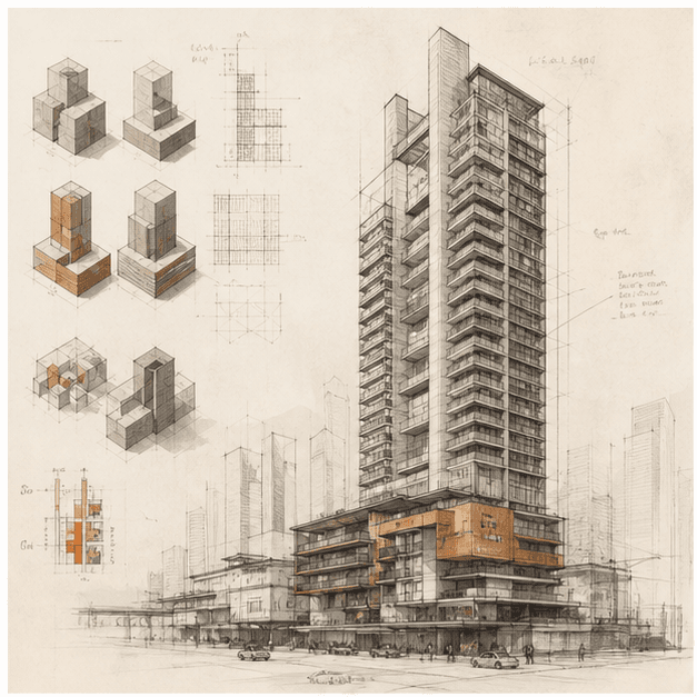 East Asian tower massing sketch